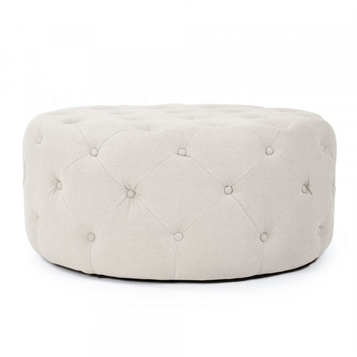 Round Tufted Ottoman  in Natural Linen By Zentique