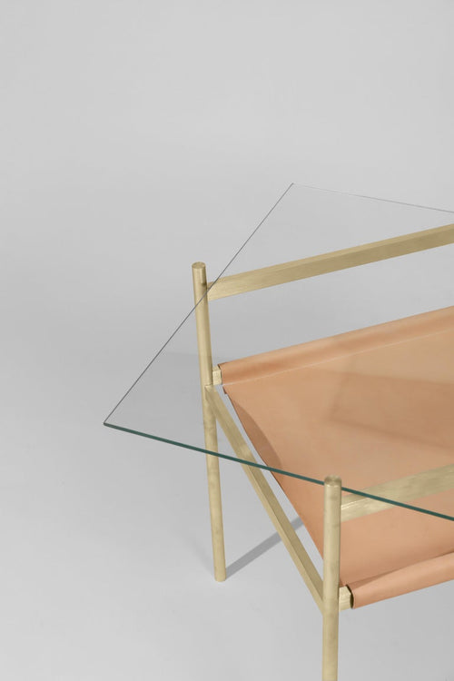 Duotone Diamond Side Table, Brass & Natural Leather