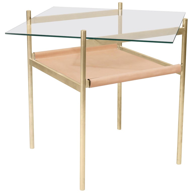 Duotone Diamond Side Table, Brass & Natural Leather